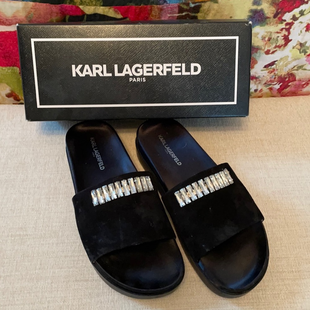 Karl Lagerfeld Black Suede with Bling Slides